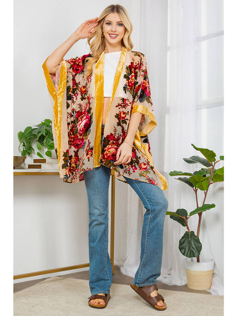 Vintage Rose Print Velvet Kimono