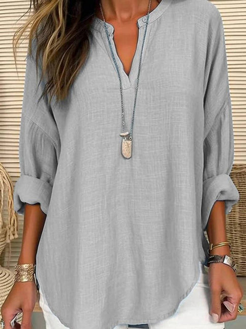 Linen Long Sleeve Casual V Neck Top