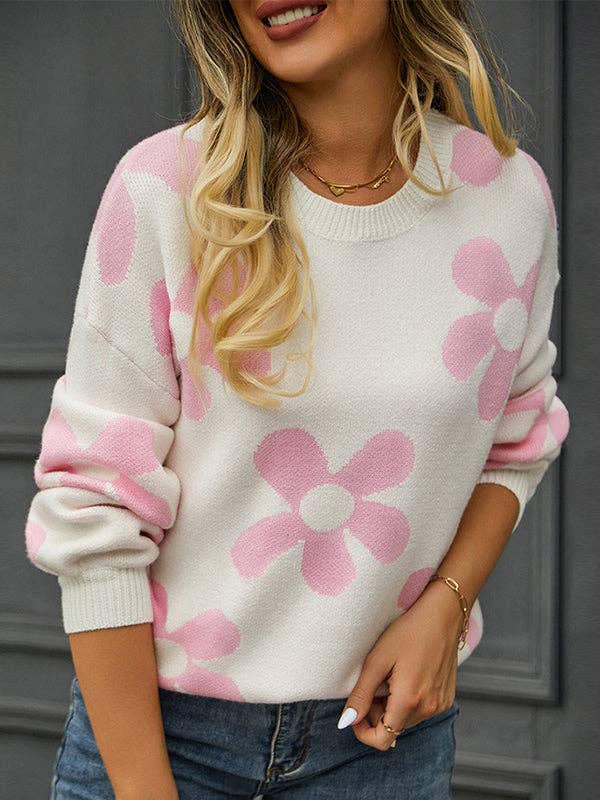 Long Sleeves Loose Knitted Flower Round-Neck Knitwear Pullovers Sweater