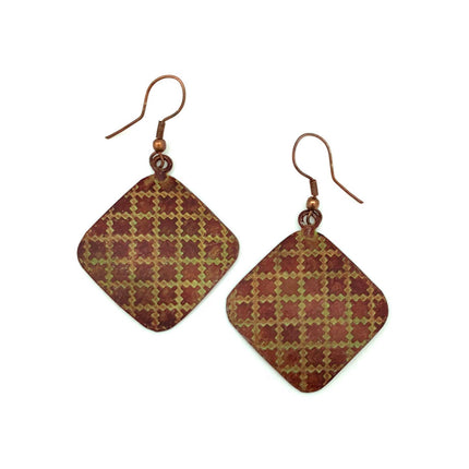 Copper Patina Earrings - Chartreuse Tile Pattern