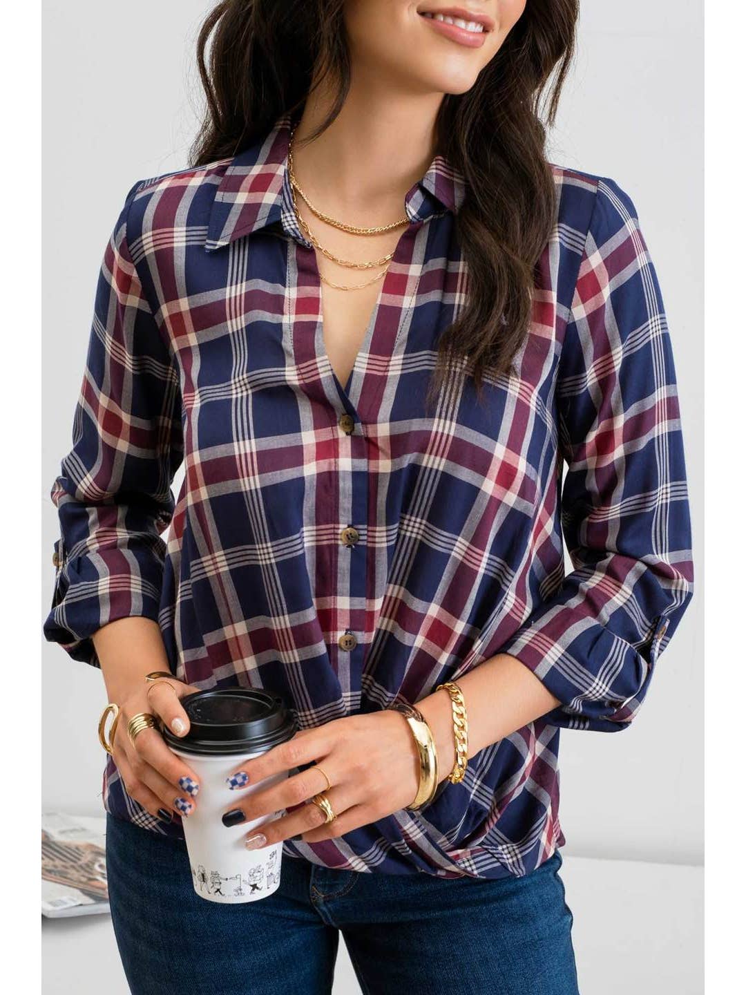 Plaid Button Down Wrap Front Top