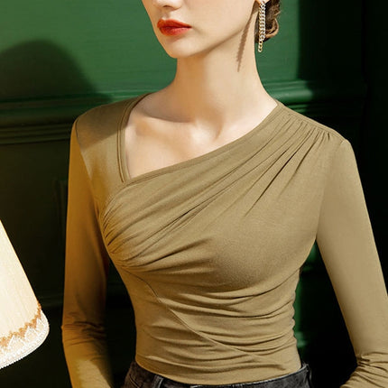 Casual Skinny Long Sleeves Pleated Solid Color T-Shirt