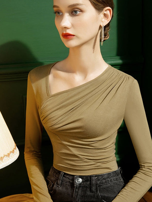 Casual Skinny Long Sleeves Pleated Solid Color T-Shirt