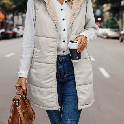 Reversible Sherpa Puffer Long Vest with Hood