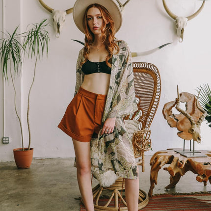 Ikebana Print Kimono W/Skinny Suede Tie Belt