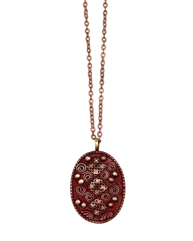 Copper Patina Necklace - Burgundy Filigree & Spirals Pendant