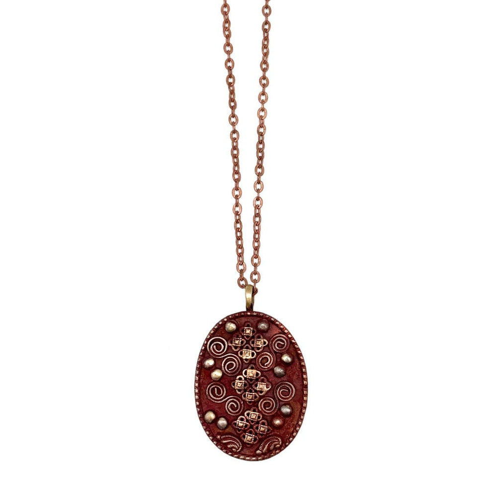 Copper Patina Necklace - Burgundy Filigree & Spirals Pendant