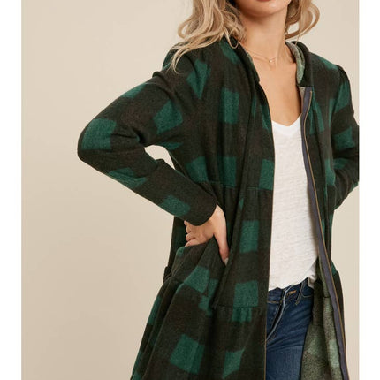 BUFFALO PLAID TIERED ZIP-UP HOODIE JACKET