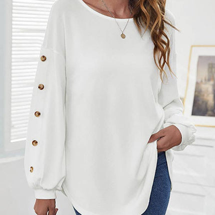 Simple Loose Long Sleeves Solid Color Round-Neck T-Shirt