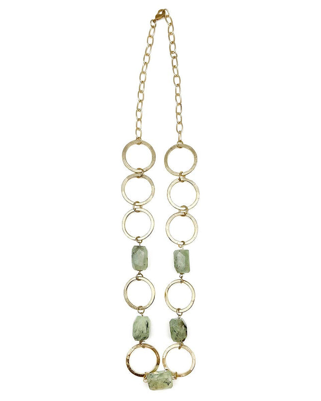 Gold-Plated Long Necklace with Dendritic Prehnite Stones