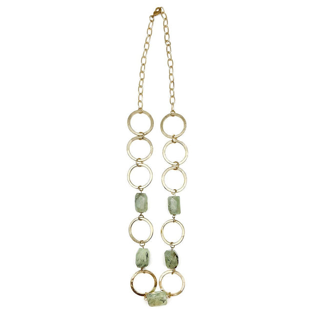 Gold-Plated Long Necklace with Dendritic Prehnite Stones