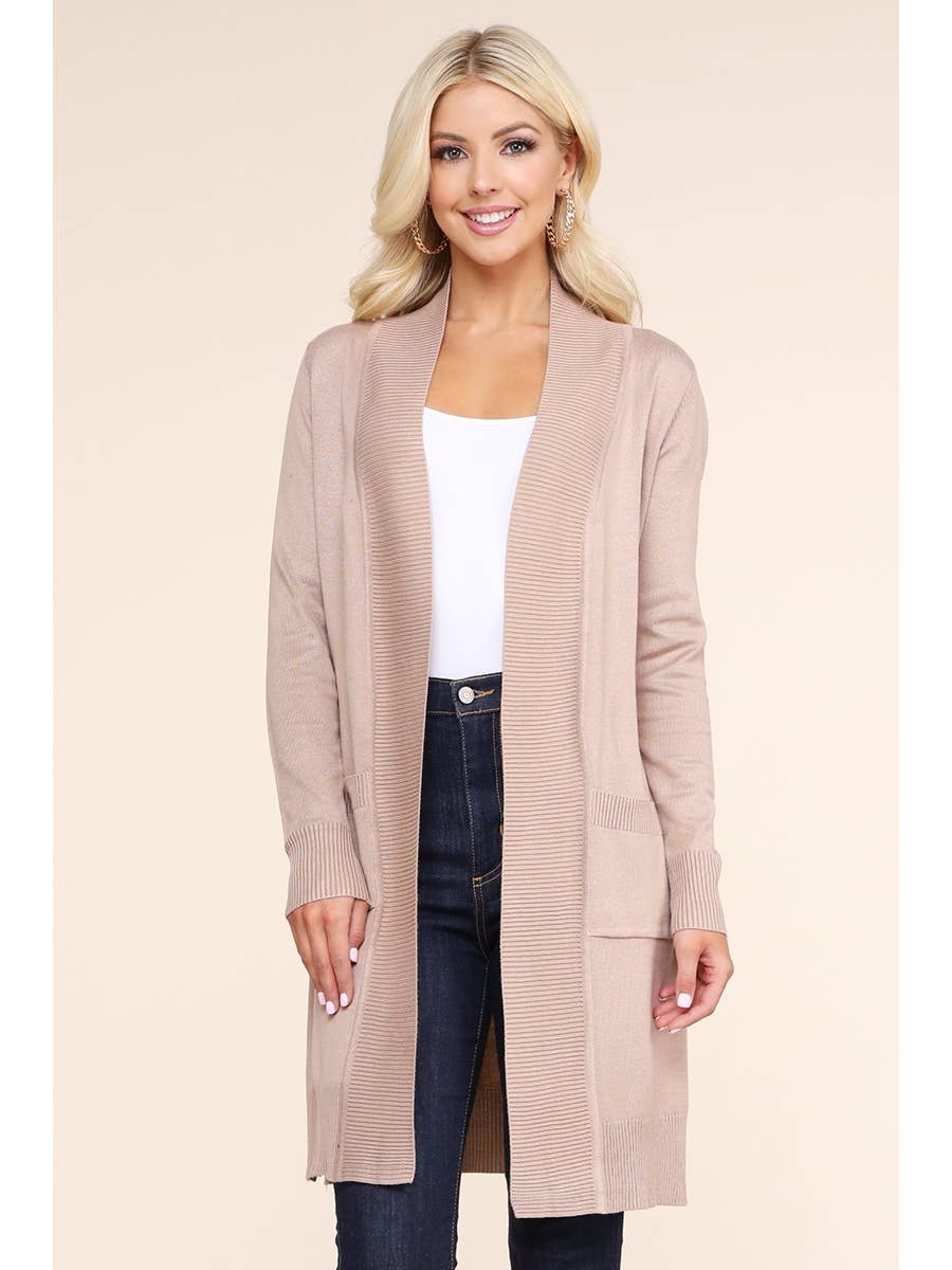 Long Sleeve Open Front Cardigan with Side Pockets