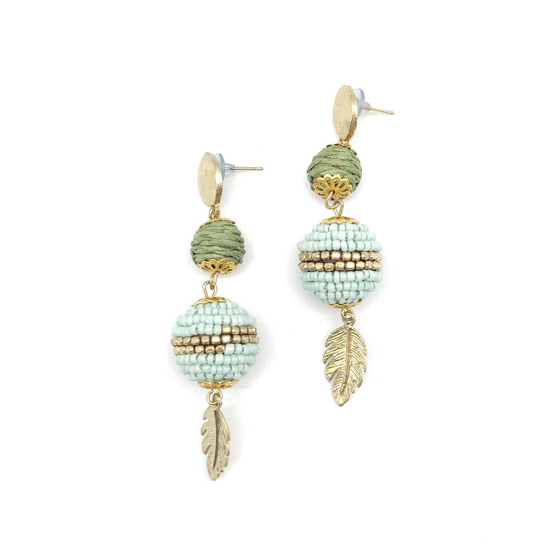 Sachi Calming Sage Collection Earrings - Beaded Sphere, Leaf