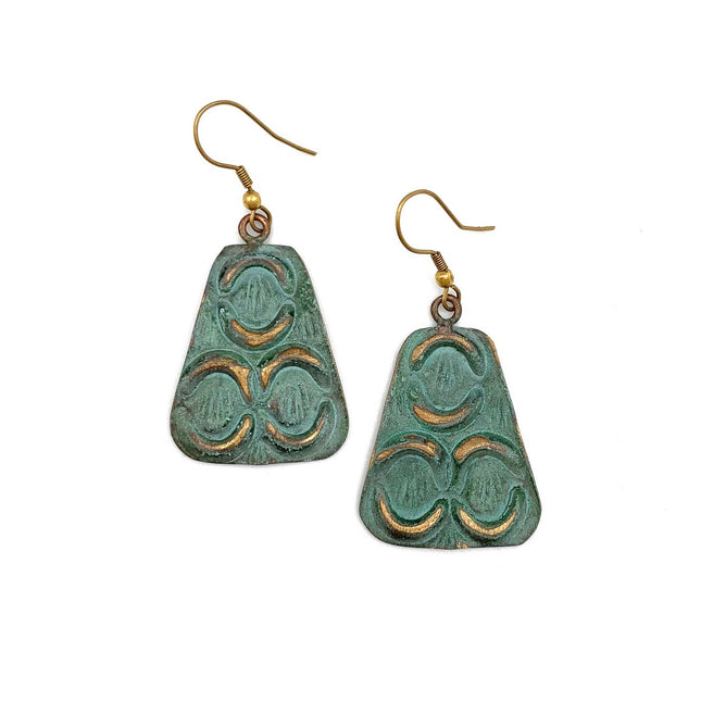 Brass Patina Earrings - Turquoise with Mirrored Crescents