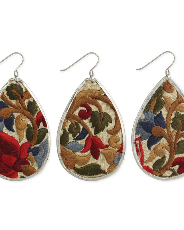 ZAD Red Flower Embroidered Elegance Silver Teardrop Earring
