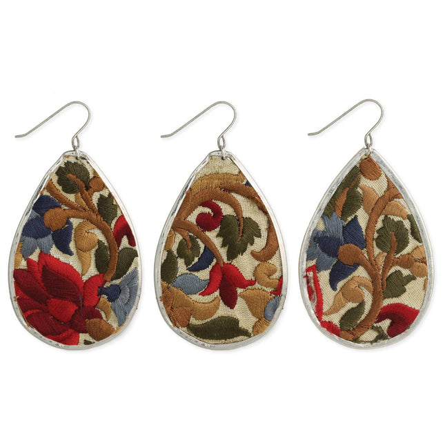 ZAD Red Flower Embroidered Elegance Silver Teardrop Earring