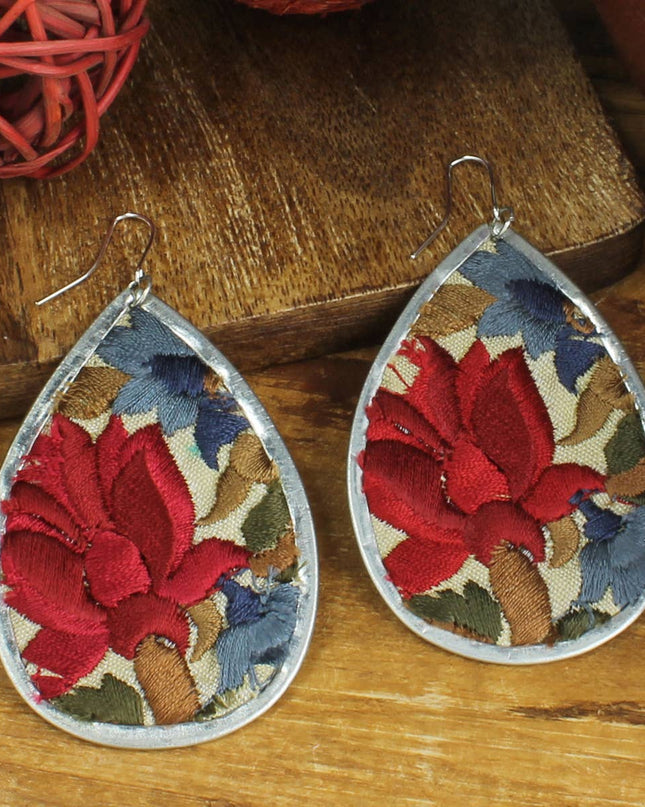 ZAD Red Flower Embroidered Elegance Silver Teardrop Earring