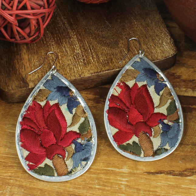 ZAD Red Flower Embroidered Elegance Silver Teardrop Earring