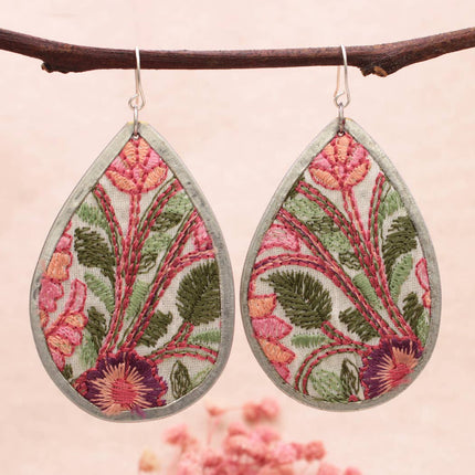 ZAD Pink Green Floral Embroidered Teardrop Earrings
