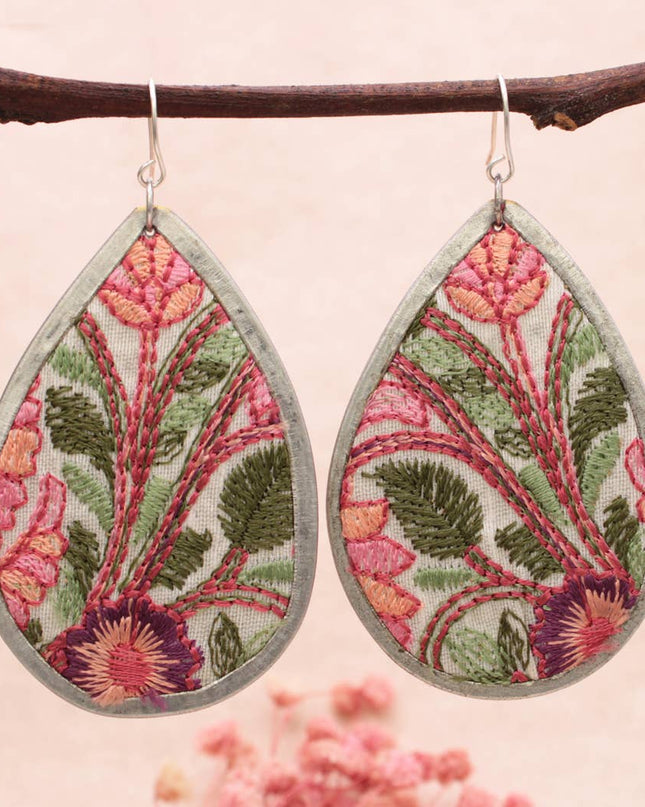 ZAD Pink Green Floral Embroidered Teardrop Earrings
