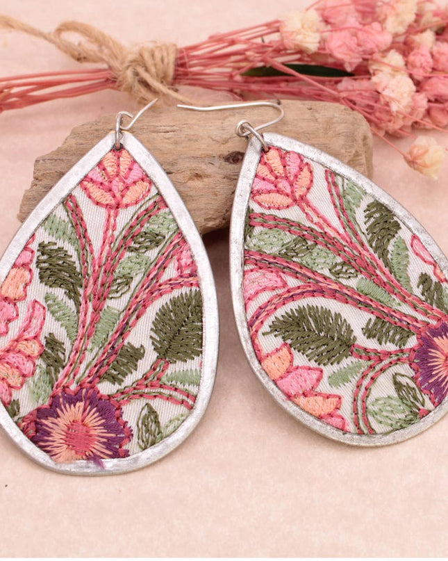 ZAD Pink Green Floral Embroidered Teardrop Earrings
