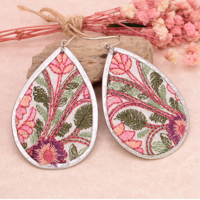 ZAD Pink Green Floral Embroidered Teardrop Earrings