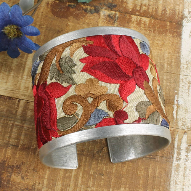 ZAD Red Flower Embroidered Elegance Cuff Bracelet