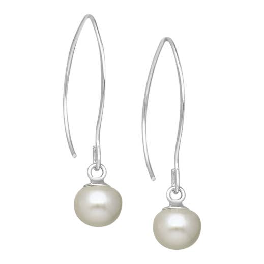 Freshwater Pearl Round Drop On Long V Sterling Wire Earrings