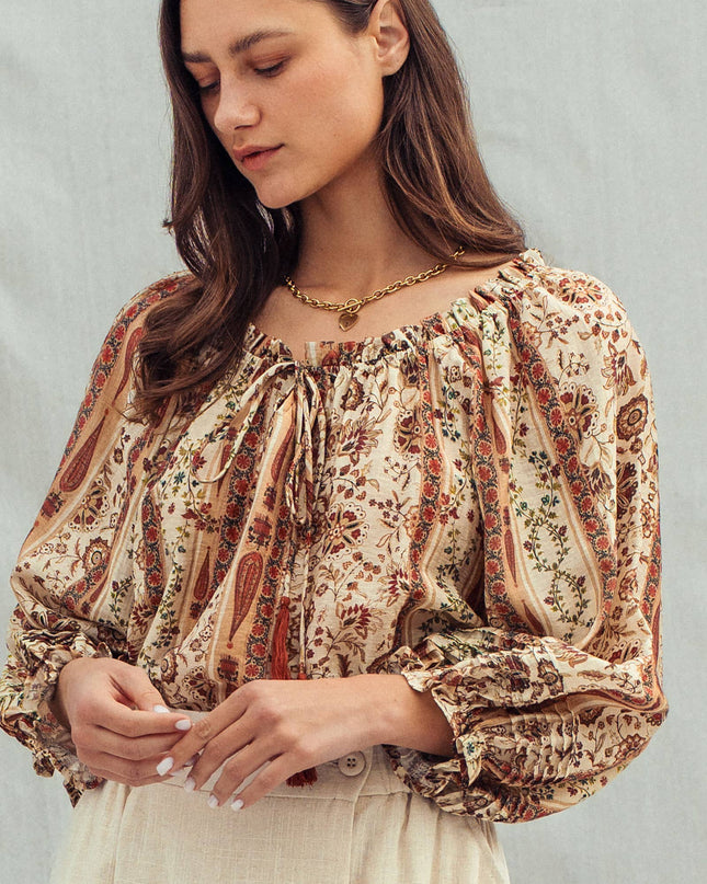 Urban Daizy Boho Off-Shoulder Floral Stripe Blouse