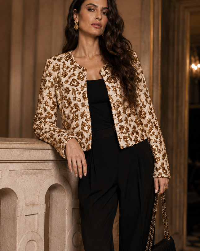 ADORE Sequin Embellished Cropped Jacket in Gold/Ivory