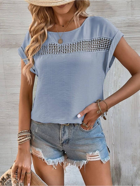 Summer Casual Solid Lace Short Sleeve T-Shirt Top Women