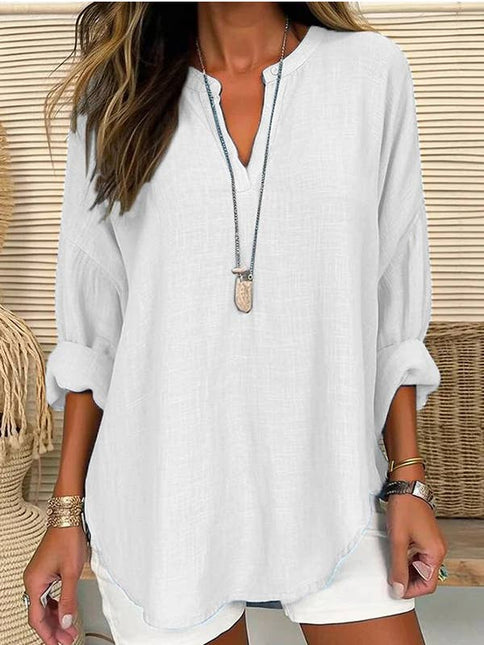 Linen Long Sleeve Casual V Neck Top