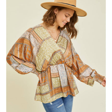 STRETCH SATIN SCARF PRINTED SURPLICE BLOUSE