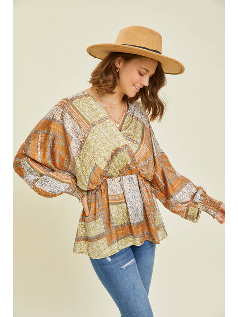 STRETCH SATIN SCARF PRINTED SURPLICE BLOUSE