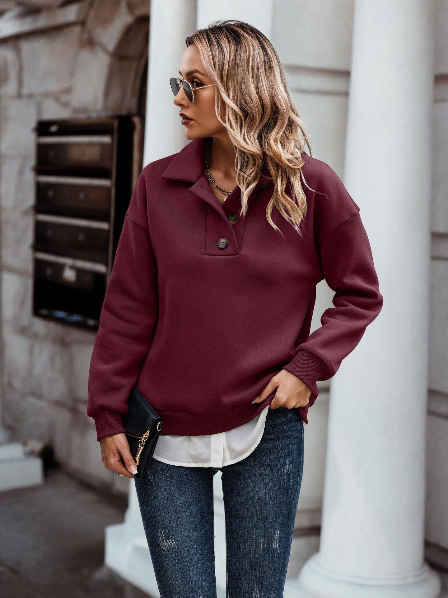 Collared Button Henley Sweatshirt