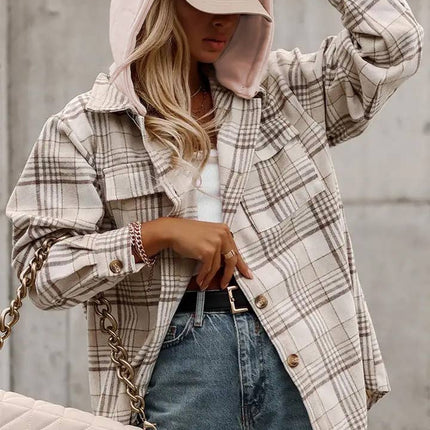 LOVESOFT Khaki Plaid Buttoned Shacket