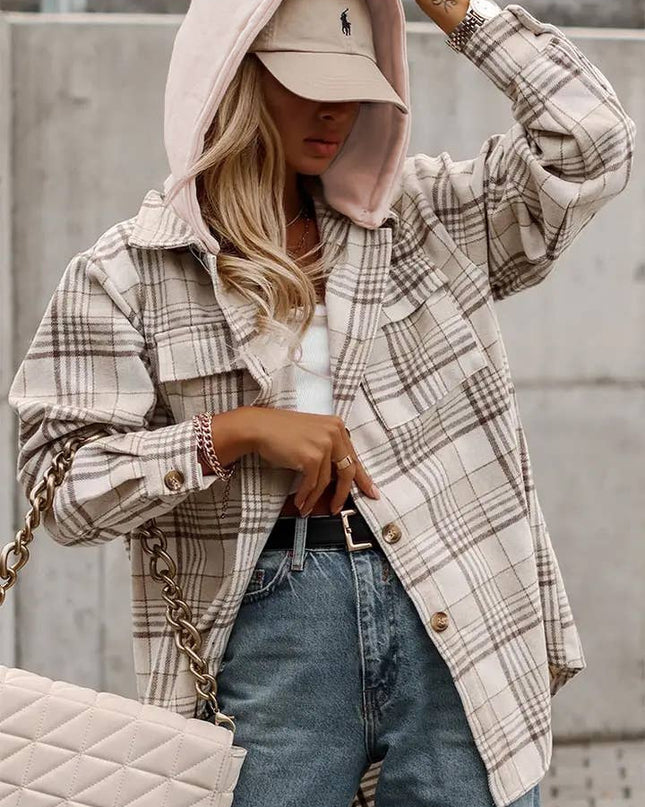 LOVESOFT Khaki Plaid Buttoned Shacket