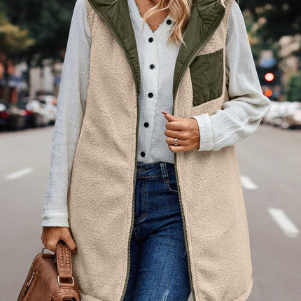 Reversible Sherpa Puffer Long Vest with Hood