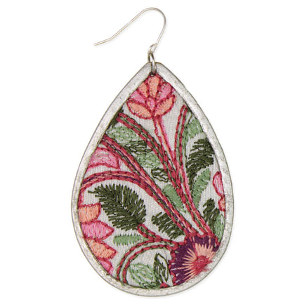 ZAD Pink Green Floral Embroidered Teardrop Earrings