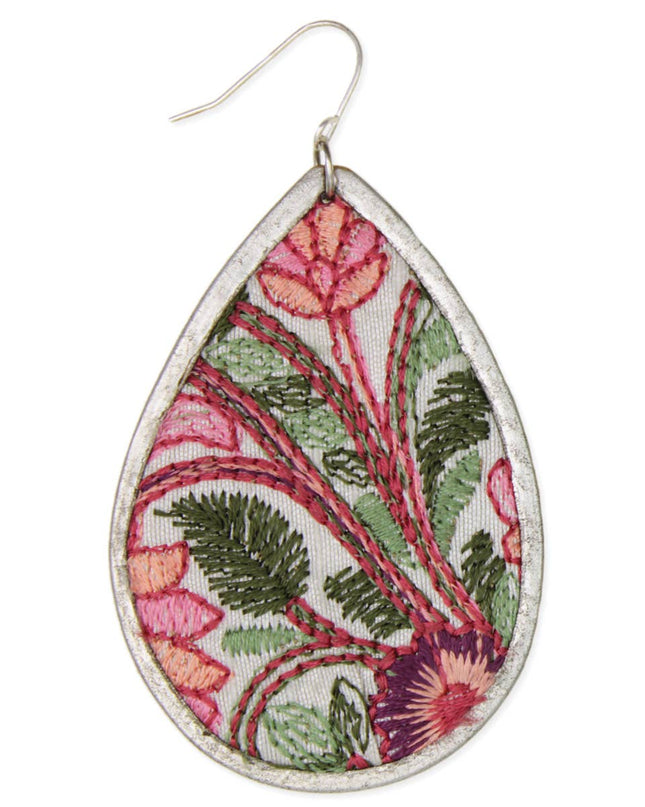 ZAD Pink Green Floral Embroidered Teardrop Earrings