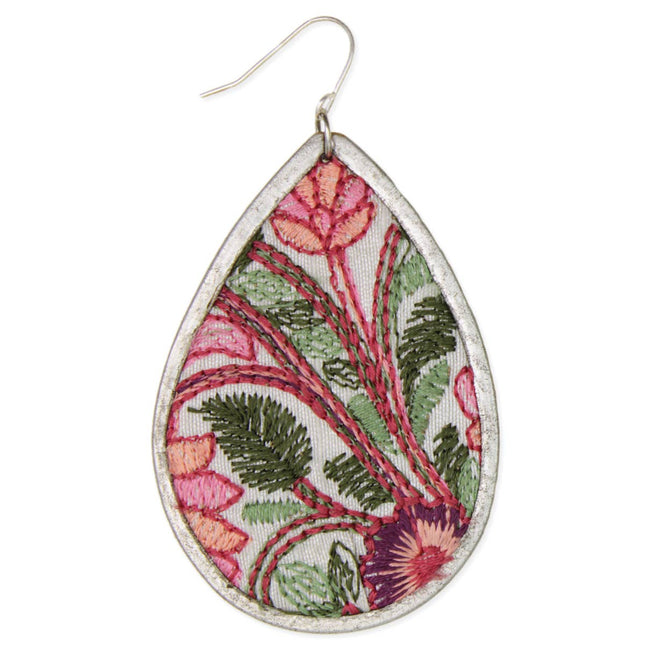 ZAD Pink Green Floral Embroidered Teardrop Earrings