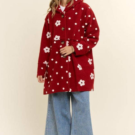 Floral Polka Dot Hooded Mid Length Coat
