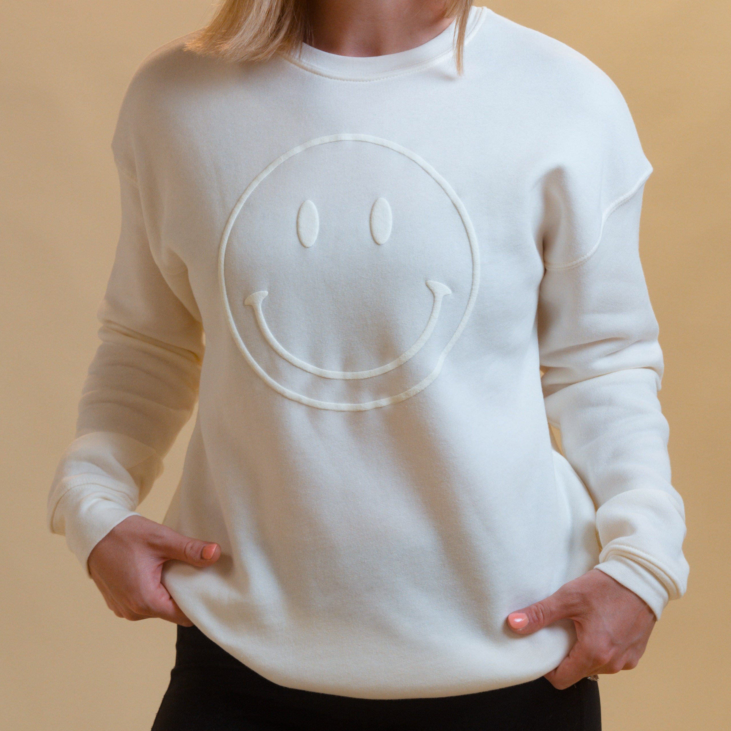 Smiley Face Tonal Puff Print Graphic Sweatshirt