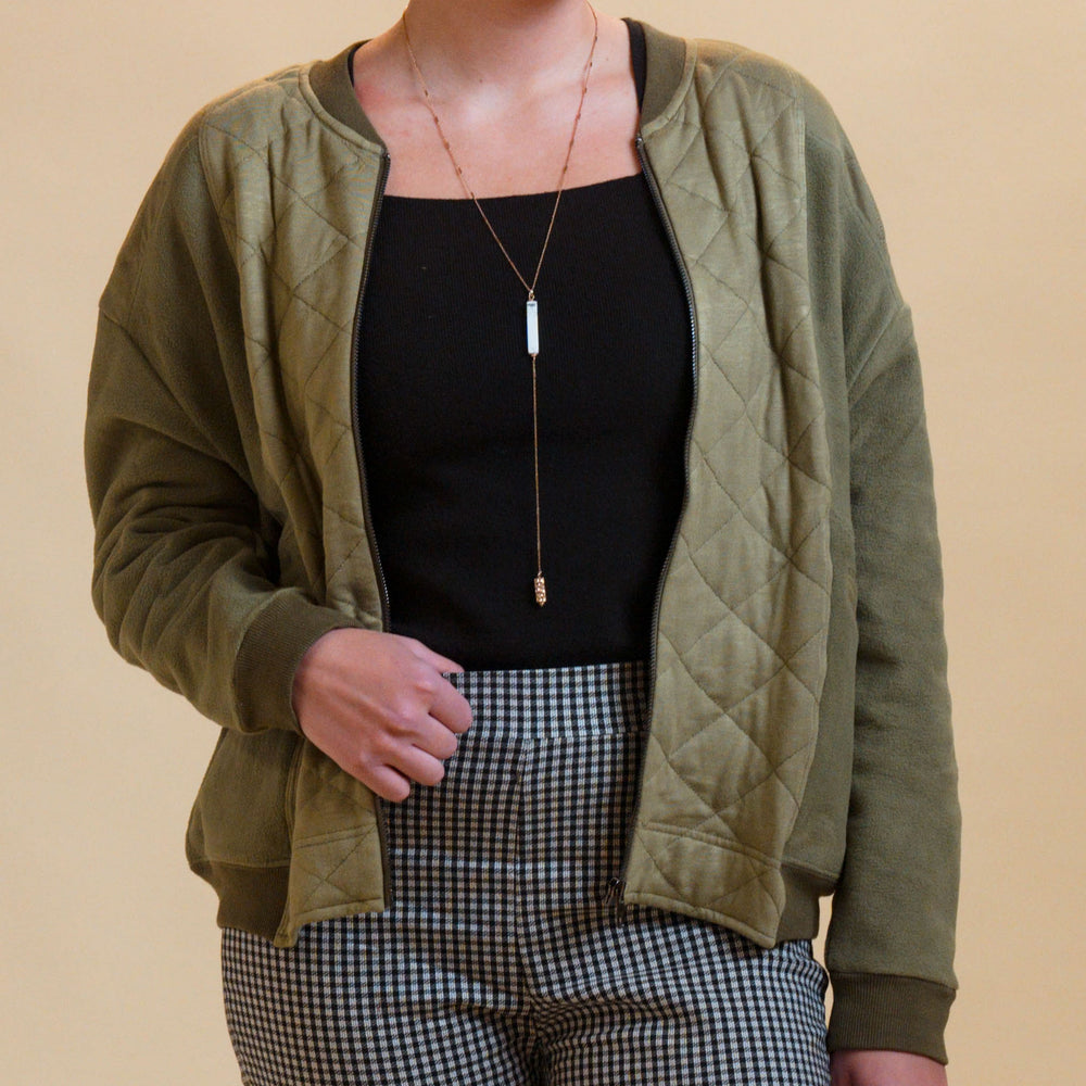 Fabric Mixed Bomber Jacket with Quilted Details