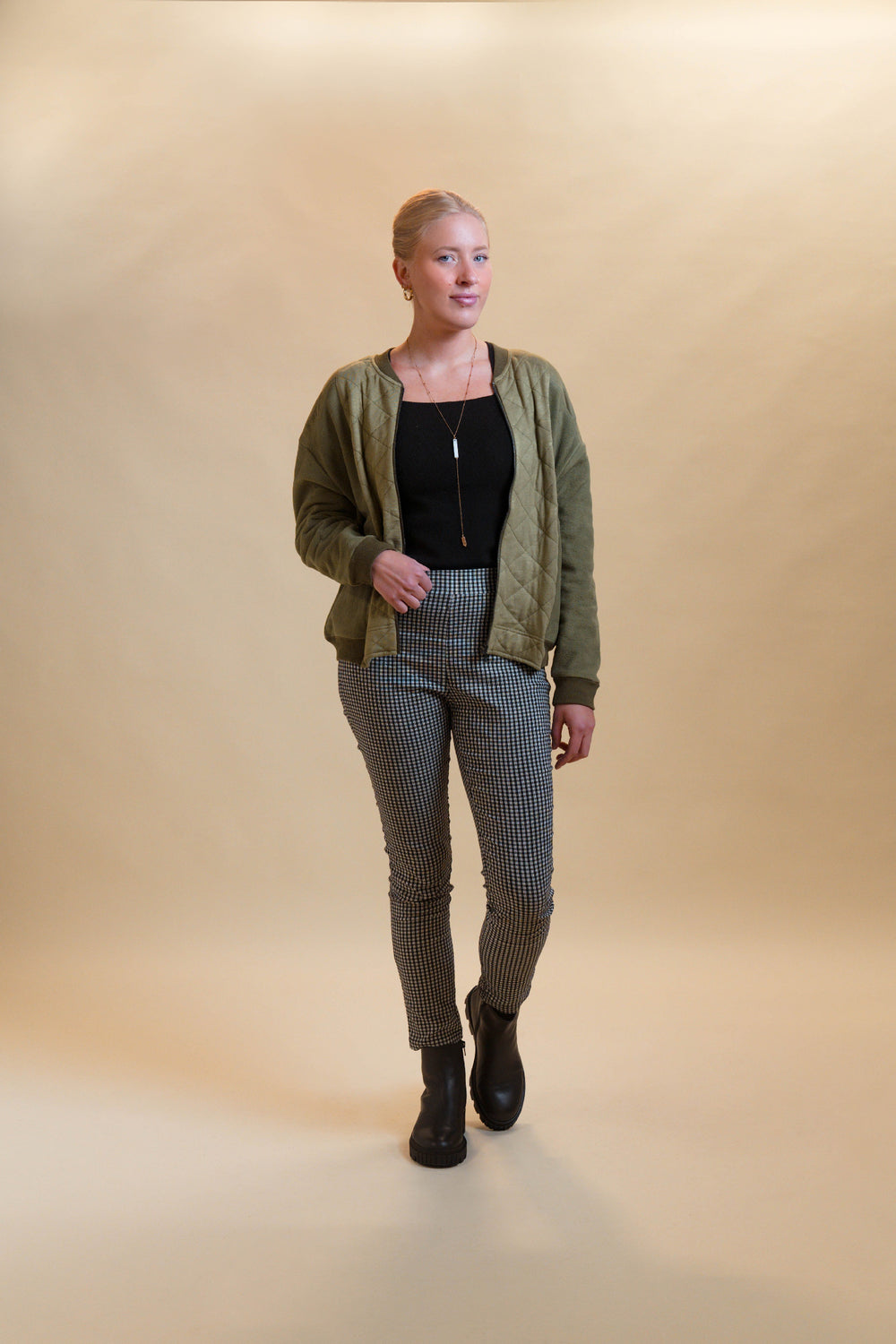 Fabric Mixed Bomber Jacket with Quilted Details
