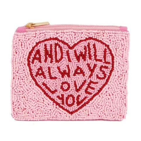Ladies Fully Beaded Pink Love Theme Coin Purse