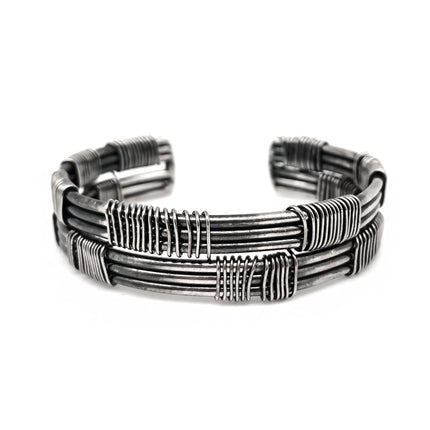 ANJU Basketweave Antique Silver Vertical & Horizontal Banded Cuff
