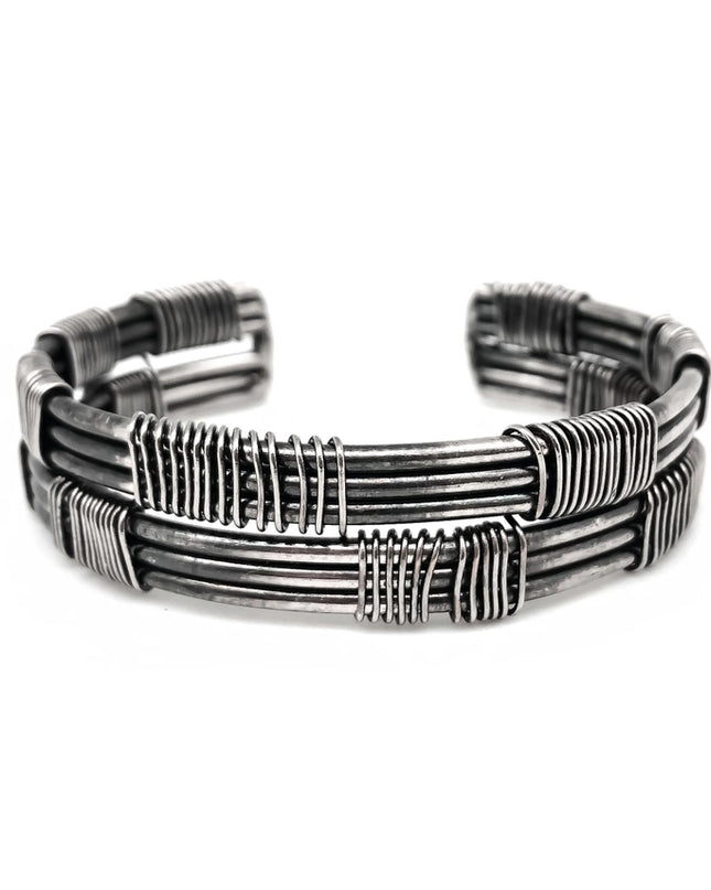 ANJU Basketweave Antique Silver Vertical & Horizontal Banded Cuff