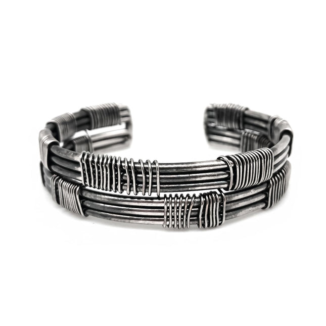 ANJU Basketweave Antique Silver Vertical & Horizontal Banded Cuff