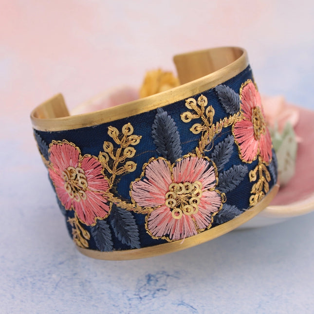 ZAD Vintage Pink Blue Embroidered Cuff Bracelet